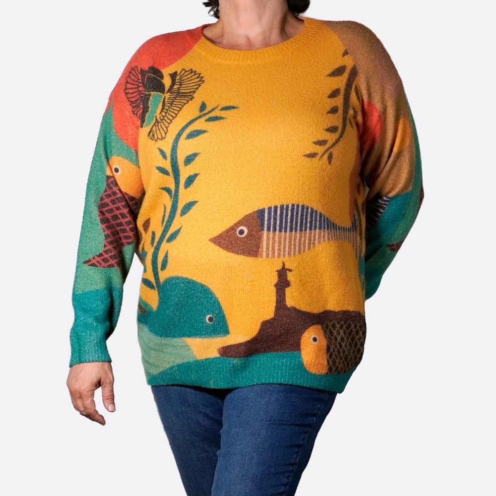 Art To Wear Intarsia Knit Sweater 0X 1X L XL Mustard Marine Graphic Pullover